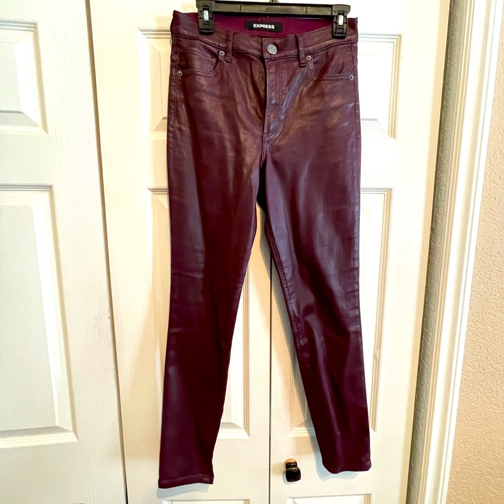 Burgundy faux leather skinny jeans